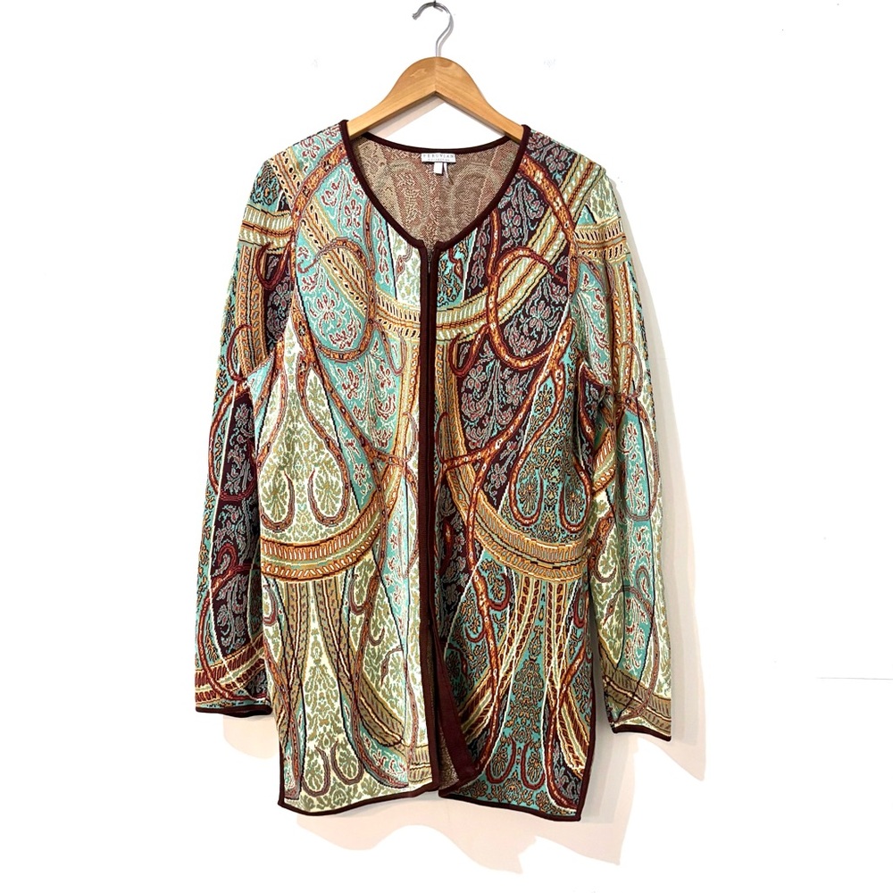 Peruvian Connection Jewel Tone Paisley Knit Zip Front Tunic Sweater Cardigan XL